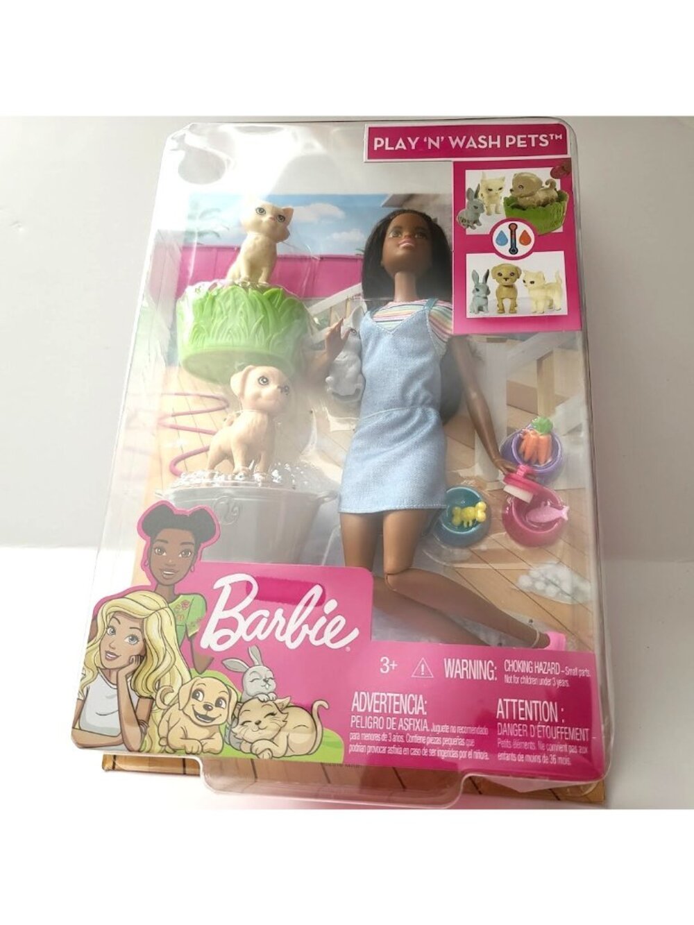 Barbie Play n Wash Pets Brunette Doll + Accessories Set Cat Dog NEW/SEALED